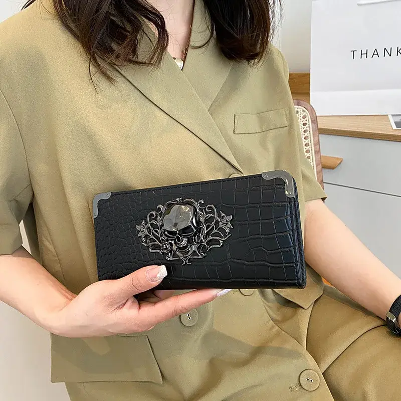 Unisex Long Men Women's Purse Punk Skull PU Leather Wallet Zipper Clutch Portable Casual Lady Cash Purse Wallet