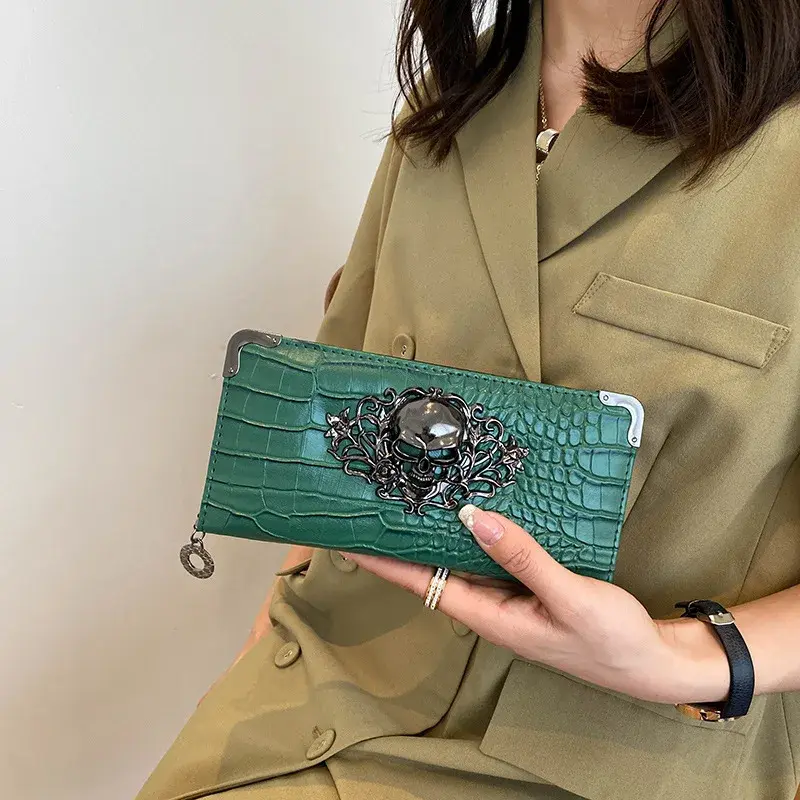 Unisex Long Men Women's Purse Punk Skull PU Leather Wallet Zipper Clutch Portable Casual Lady Cash Purse Wallet