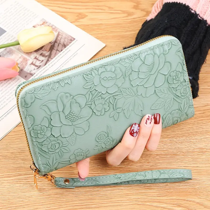2025 New Floral Embossed Long Wallet PU Leather Credit Card Holder Simple Trendy Phone Bag Coin Purse for Women Hand-held Wallet