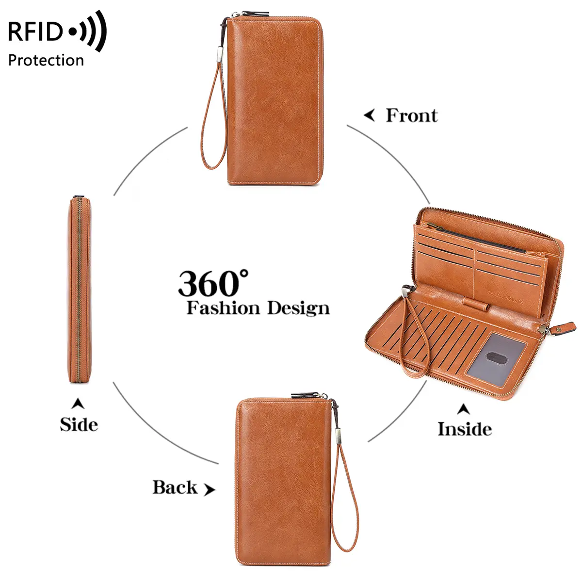 RFID Anti-Theft Brush Wallet for Women, Multi Slot, Vintage, Large Capacity, Multi-functional, Stylish Clutch with Wrist Strap