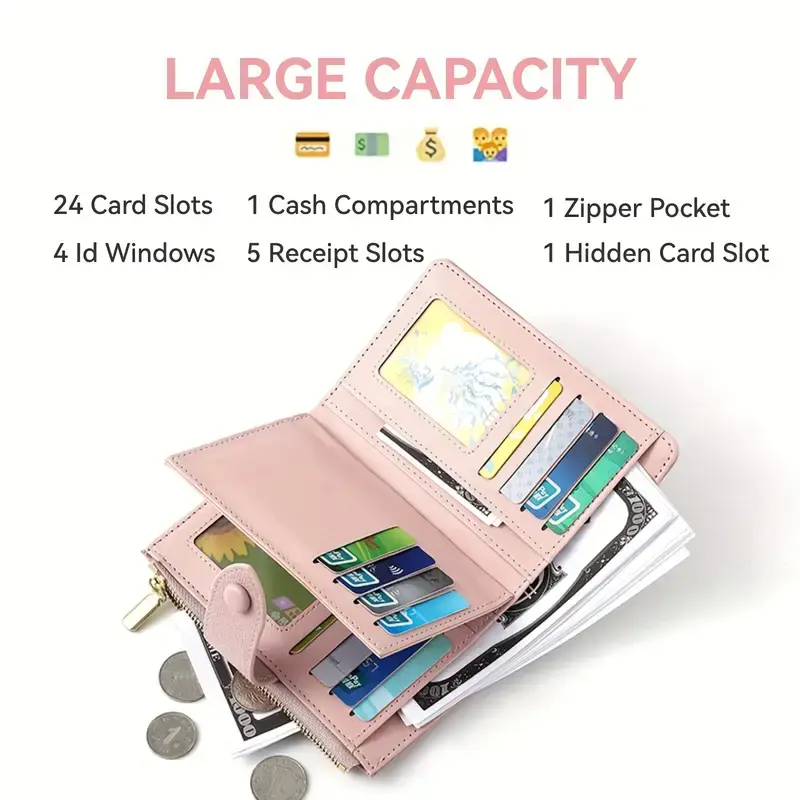 Women's Premium Leather Bifold Wallet PU Leather Zipper Money Bag Short Wallet Coin Purse Card Holder Fashion Simple Lady Wallet