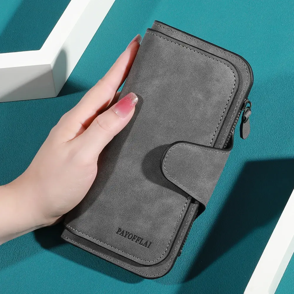 Ladies' long wallet and mobile phone - large capacity three fold design, with multiple card slots and zippered coin pockets