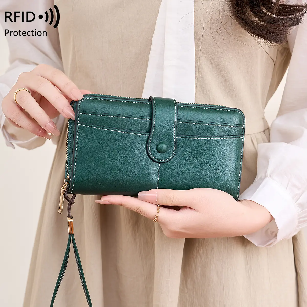 Vintage Large Capacity Women's Wallet RFID Anti-Theft Brushed Fabric Simple Fashion Multi-Card Long Handbag