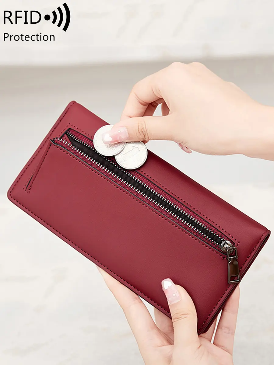 Minimalist RFID ultra-thin women's long walletPUdouble folding wallet multifunctional women's coin credit card bag hand-held bag