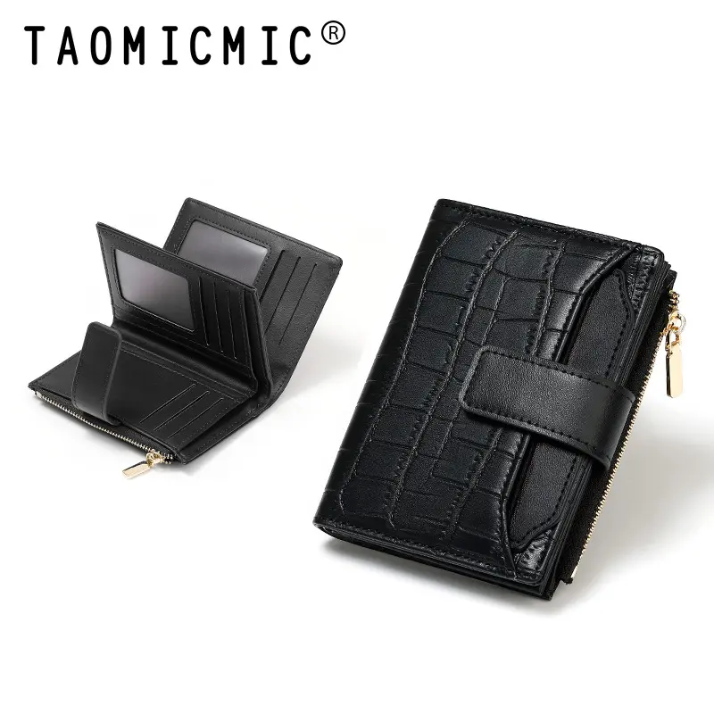 New Women's Stone Cropped Wallet Simple Two-fold Foldable Zipper Multi-card Slot Leather Wallet