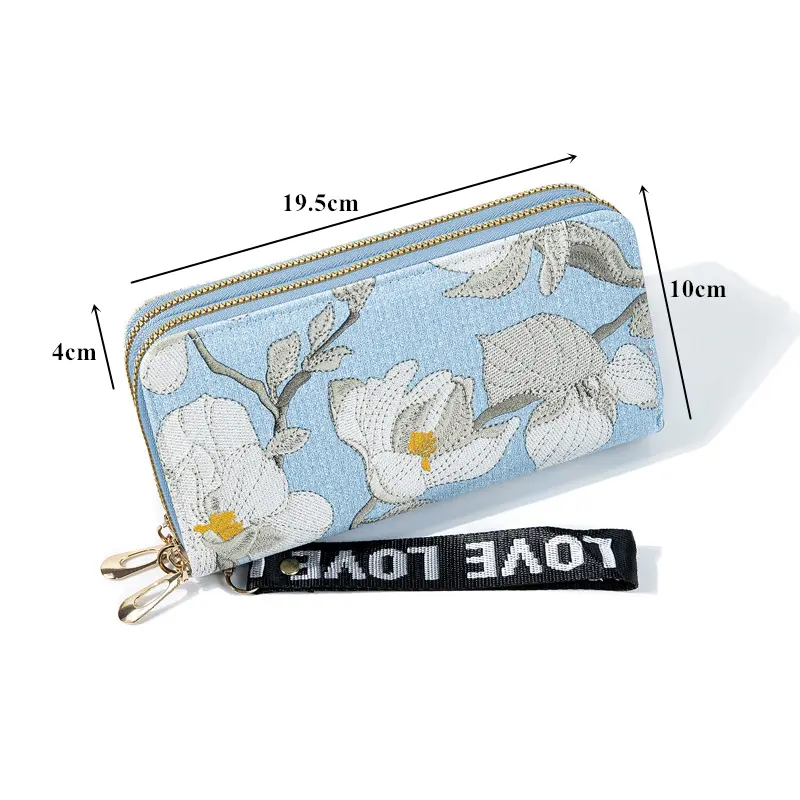 Double Zipper Long Wallet for Women Fashion Flower Embroidery Coin Purses Card Holder Female PU Leather Clutch Phone Money Bag
