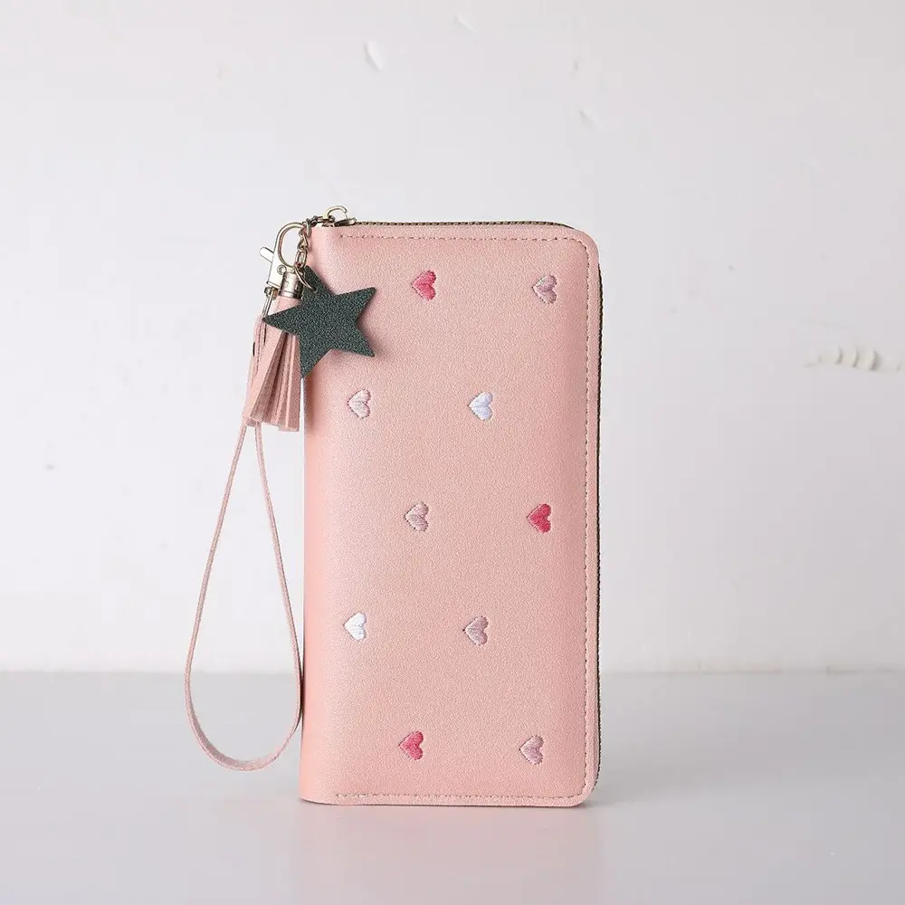 Simple Korean Women's Long Wallet PU Leather Love Heart Large Capacity Wallet Sweet Fold Clutch Bag Students