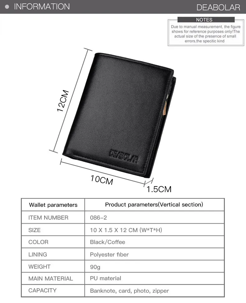 New Men's Wallet Multi Function ID Credit Card Holder Three -fold Money Clip High Quality Leather Zipper Coin Purse