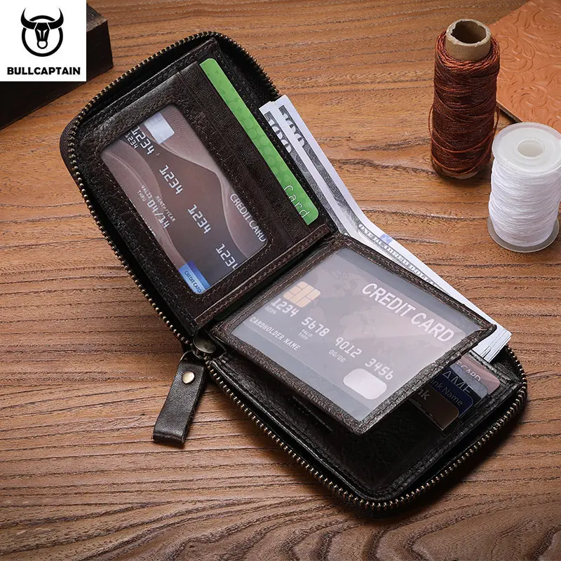 Bullcaptain retro RFID zipper with compartment men's wallet RFID credit card holder anti-theft leather mini men's wallet