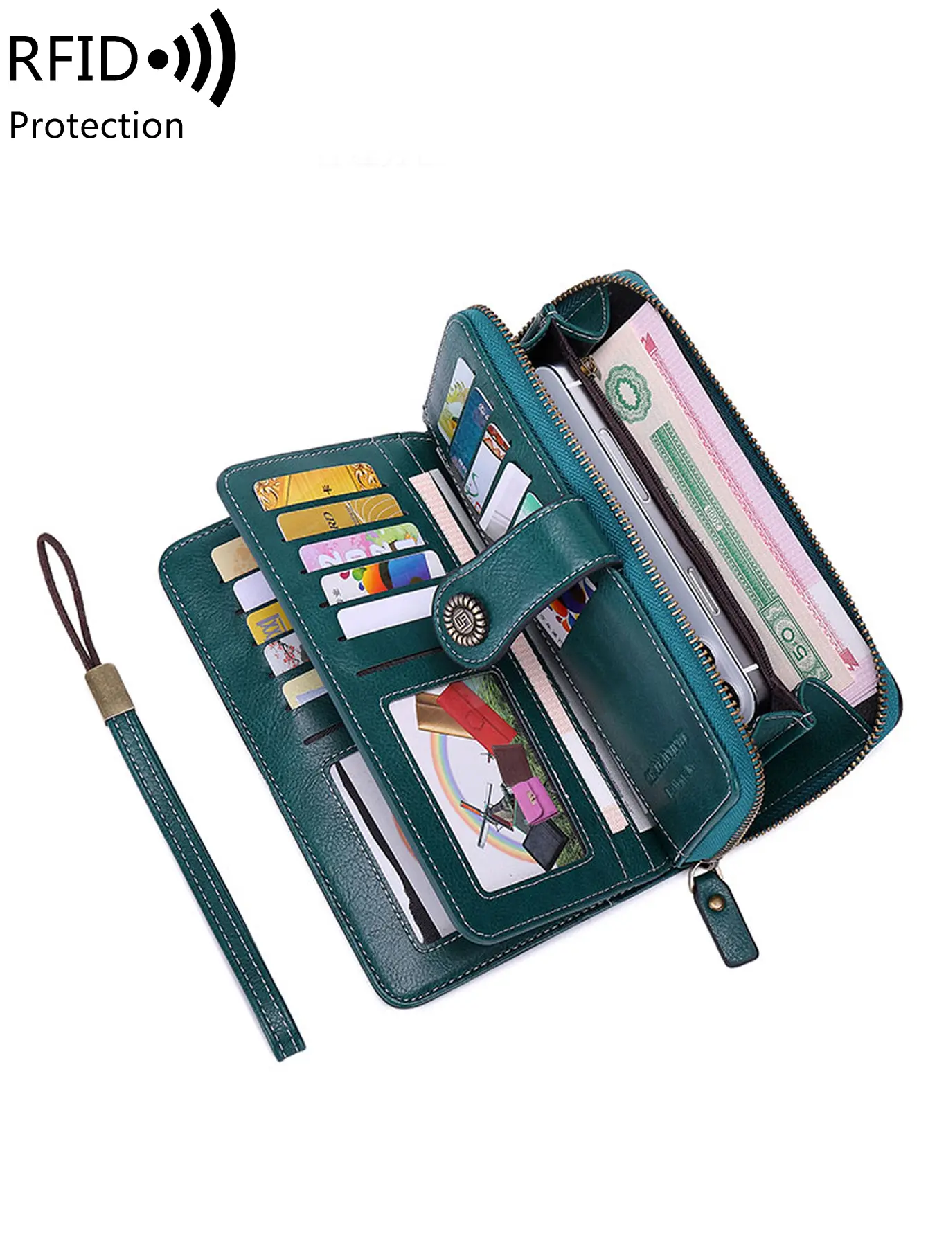 RFID retro three fold large capacity long wallet fashionable solid color women's wallet multifunctional zipper buckle wallet