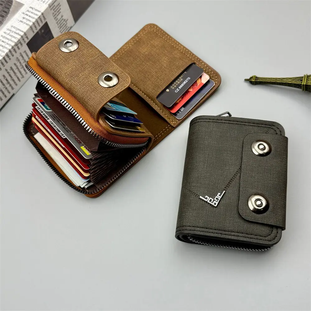 Card Holder Leather Wallet Gift Travel Business Casual Men's Double Buckle Zipper Short Coin Purse Multi-function Money Bags