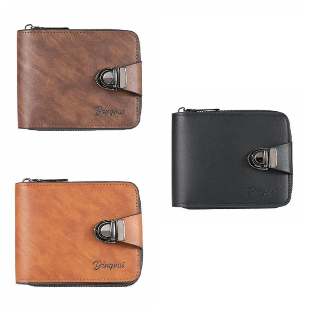 Portable Zipper Men's Wallet Buckle Solid Color Business Wallet Short Card Holder Leather Coin Purse Male