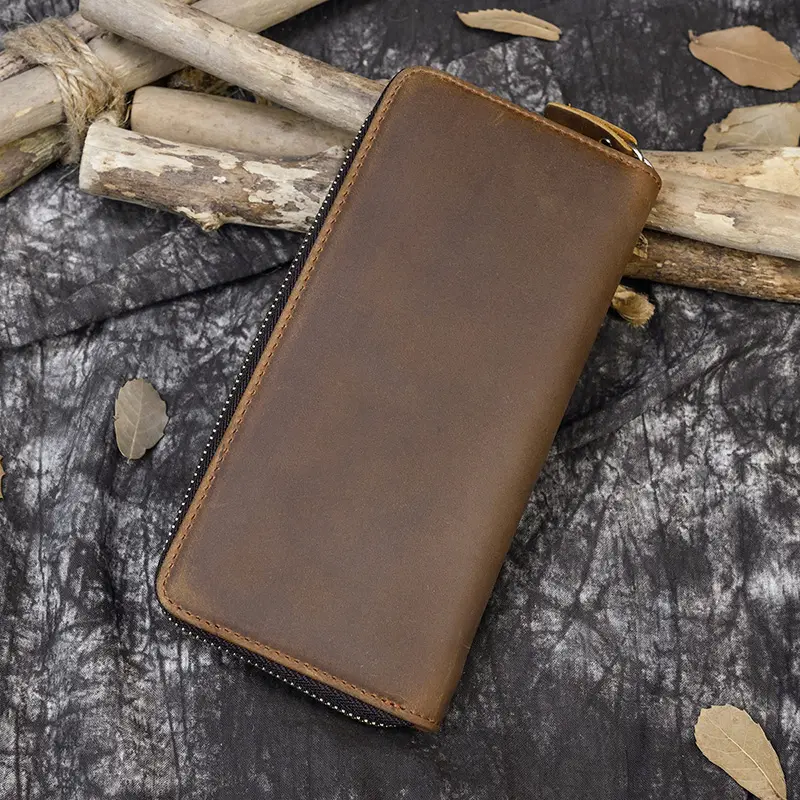 Men's crazy horse Leather long wallet Zip around genuine leather wallet Phone case purse with coin pocket 4 interlayer pocket