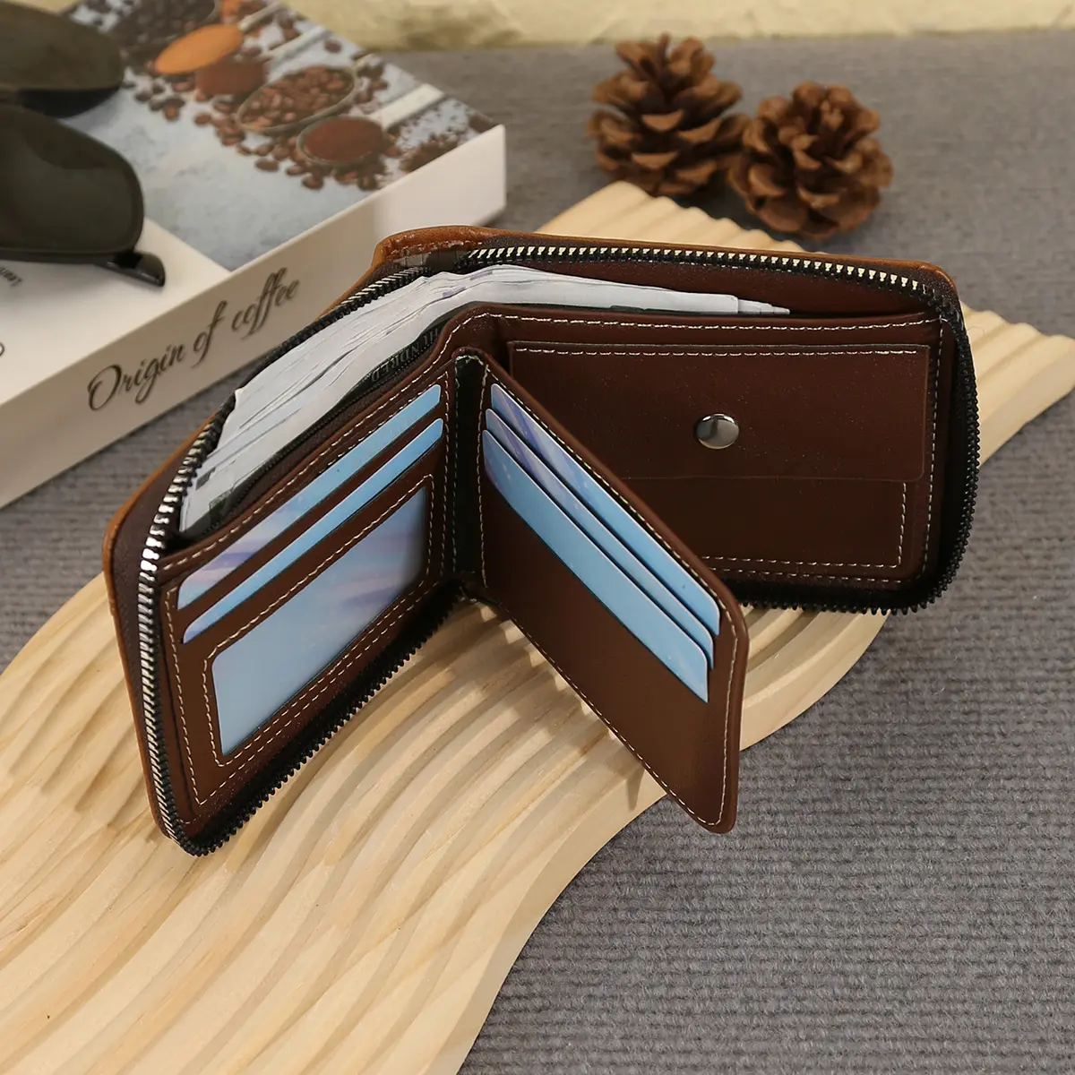 New Men's Business Wallet Classic Spliced Zipper Multi Card Short Wallet Large Capacity Card Bag Zero Wallet