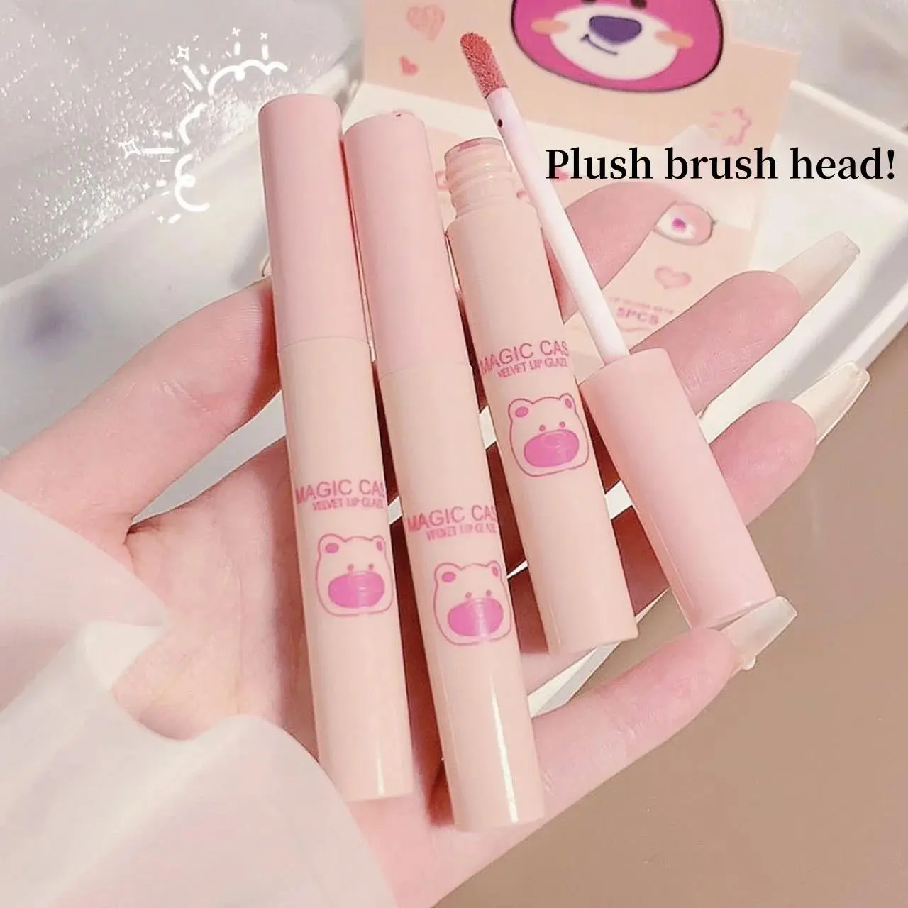 MAGIC CASA Naughty Bear 5pcs Matte Lipgloss Set Pink Brown Velvet Non Stick Lip Glaze Liquid Lipstick Makeup Kit Long Lasting