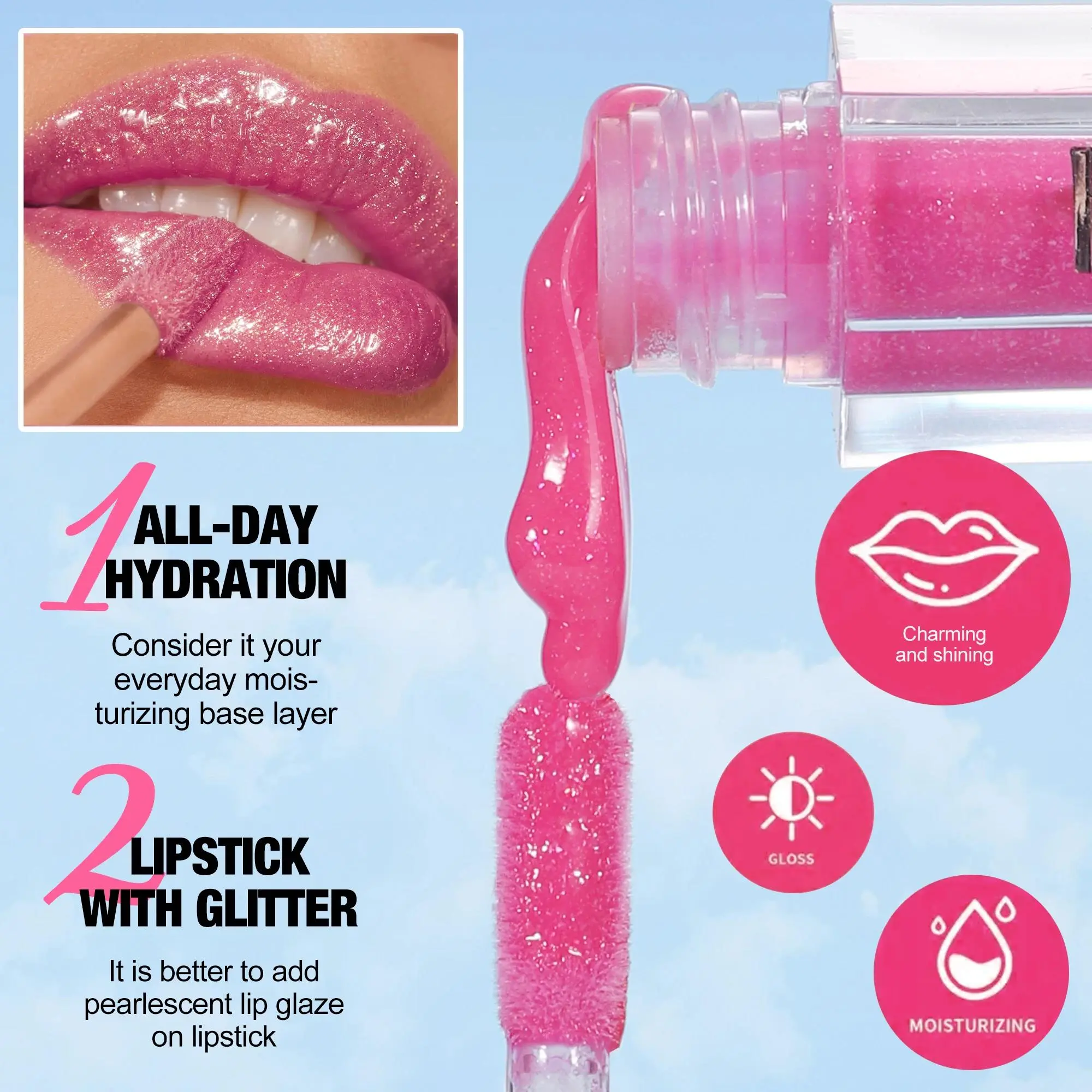 HANDAIYAN Lip Gloss Plumping Glitter Jelly Nude Red Liquid Lipstick Waterproof Moisturizing Oil Infused Long Lasting Sexy