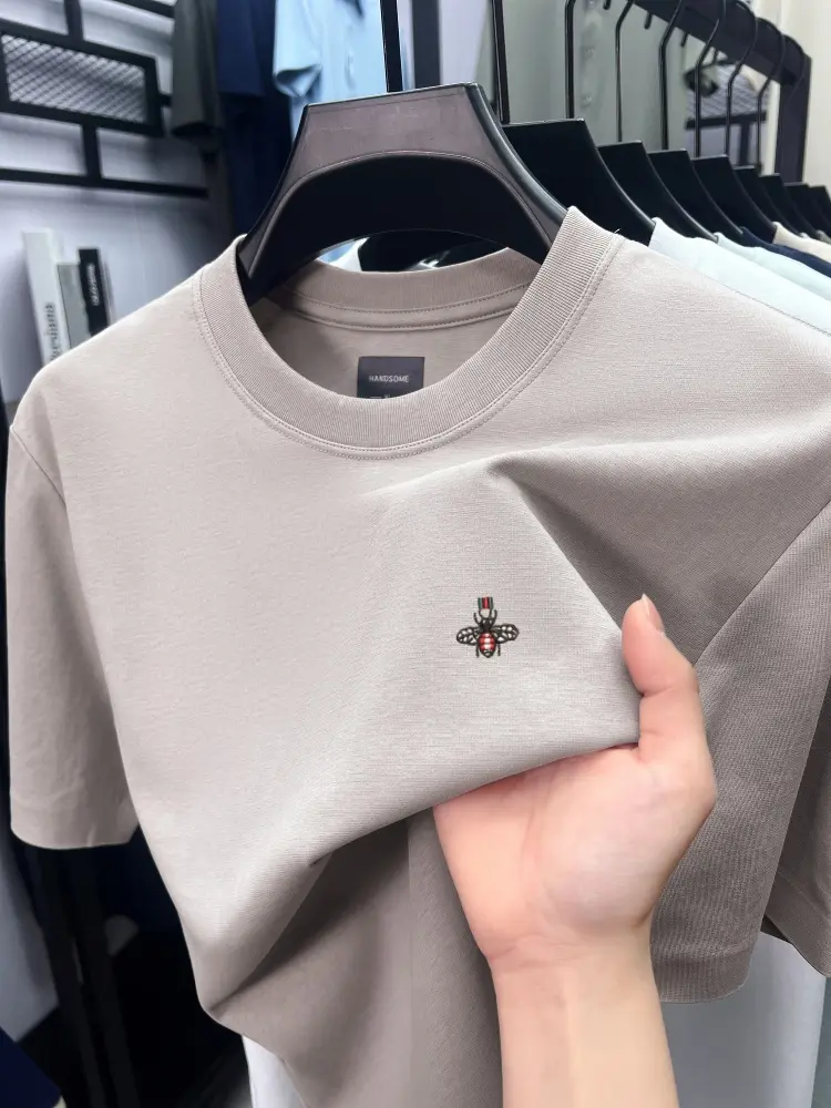 High end short sleeve T-shirt ice silk cotton fashionable and breathable men's brand bee embroidery summer casual round neck top