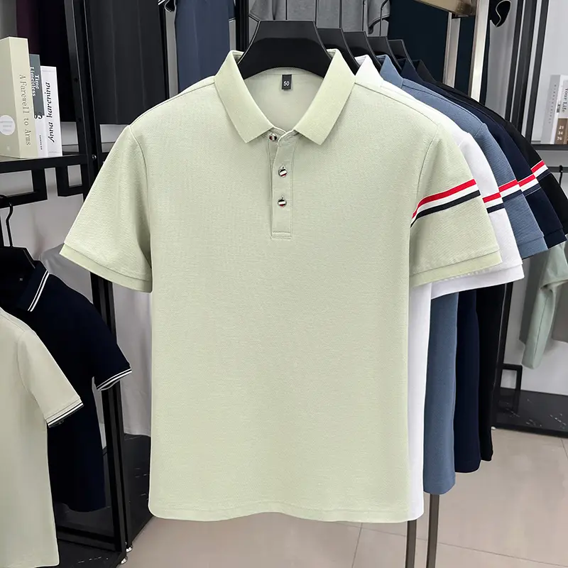 Advanced 100% pure cotton men's short sleeve polo shirt soft comfort personality dual color stripe decoration fashion T-shirt
