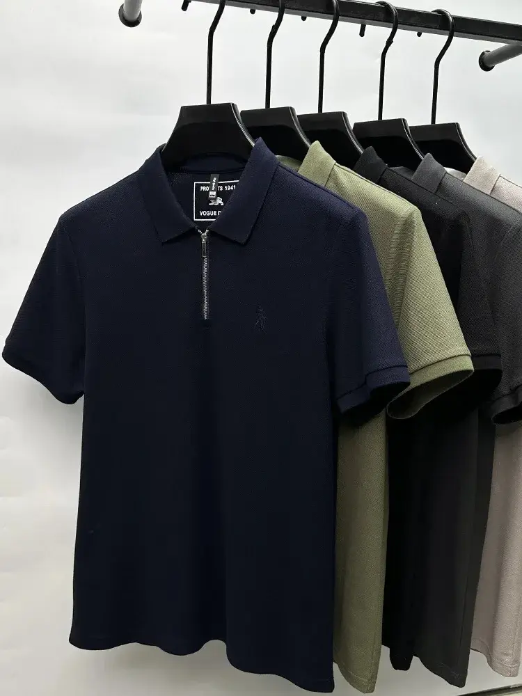 Personality half zipper lapel short sleeve T-shirt high end brand pony embroidery solid color summer breathable men's polo shirt