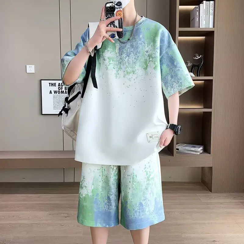 Youth Summer Short sleeved T-shirt Men's Trendy Brand Loose Gradient Handsome Top Men's Half Sleeve Set