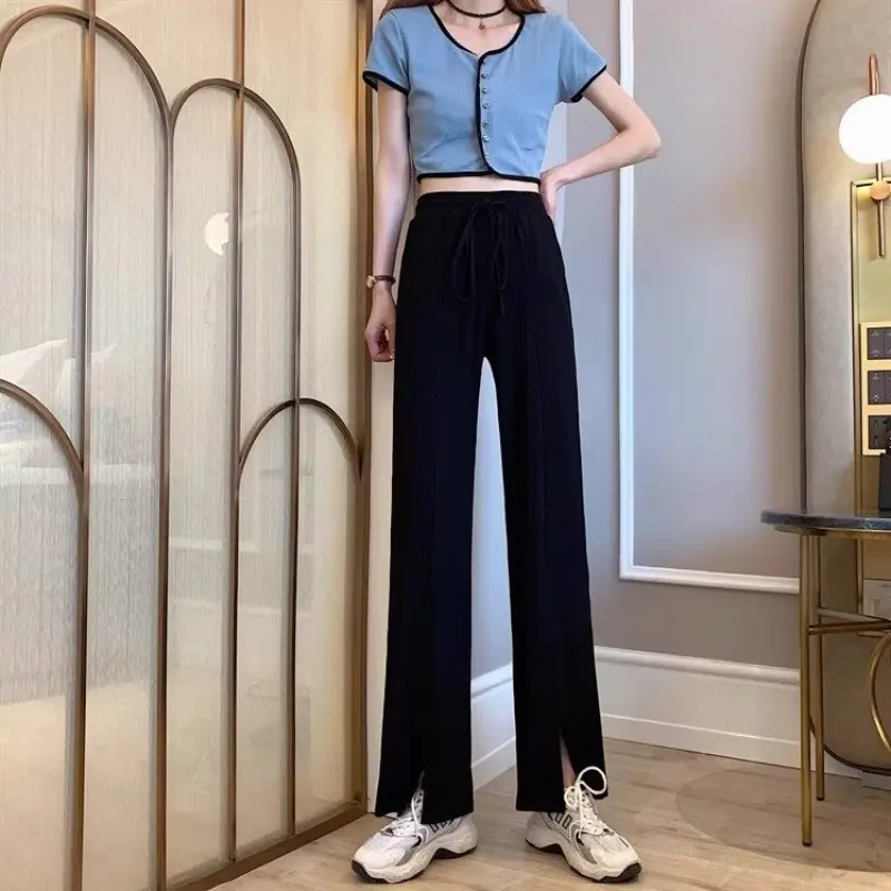 Split wide leg pants for women, ice silk extra large, high waist slimming, casual drape, loose straight and simple floor pants