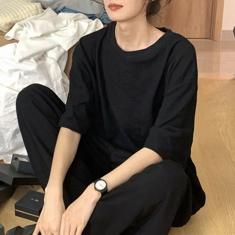 Waffle short sleeved round neck back pocket collar summer top for girls, lazy style loose and versatile women's T-shirt
