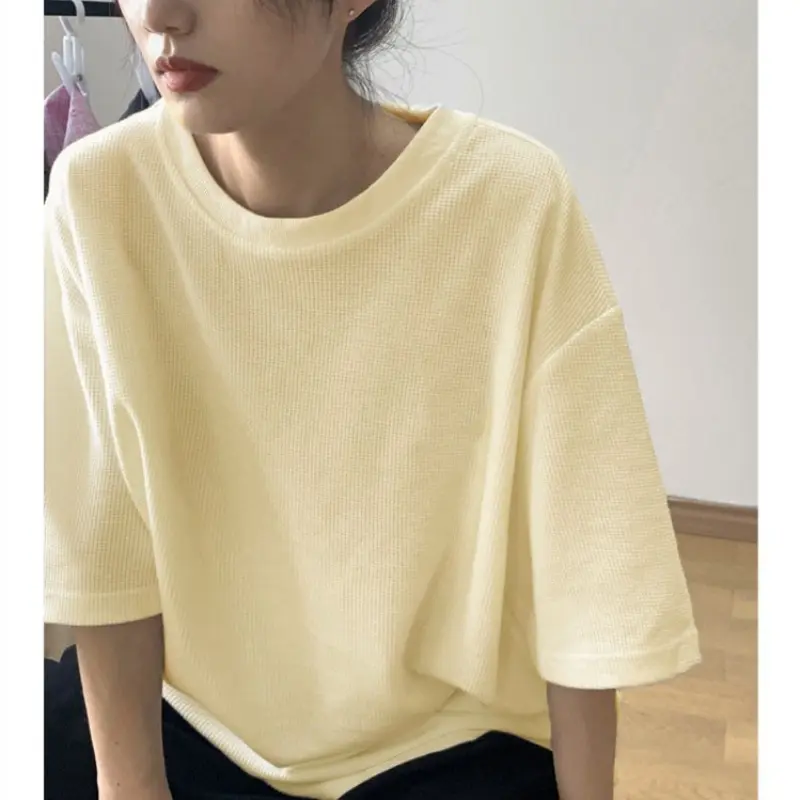 Waffle short sleeved round neck back pocket collar summer top for girls, lazy style loose and versatile women's T-shirt