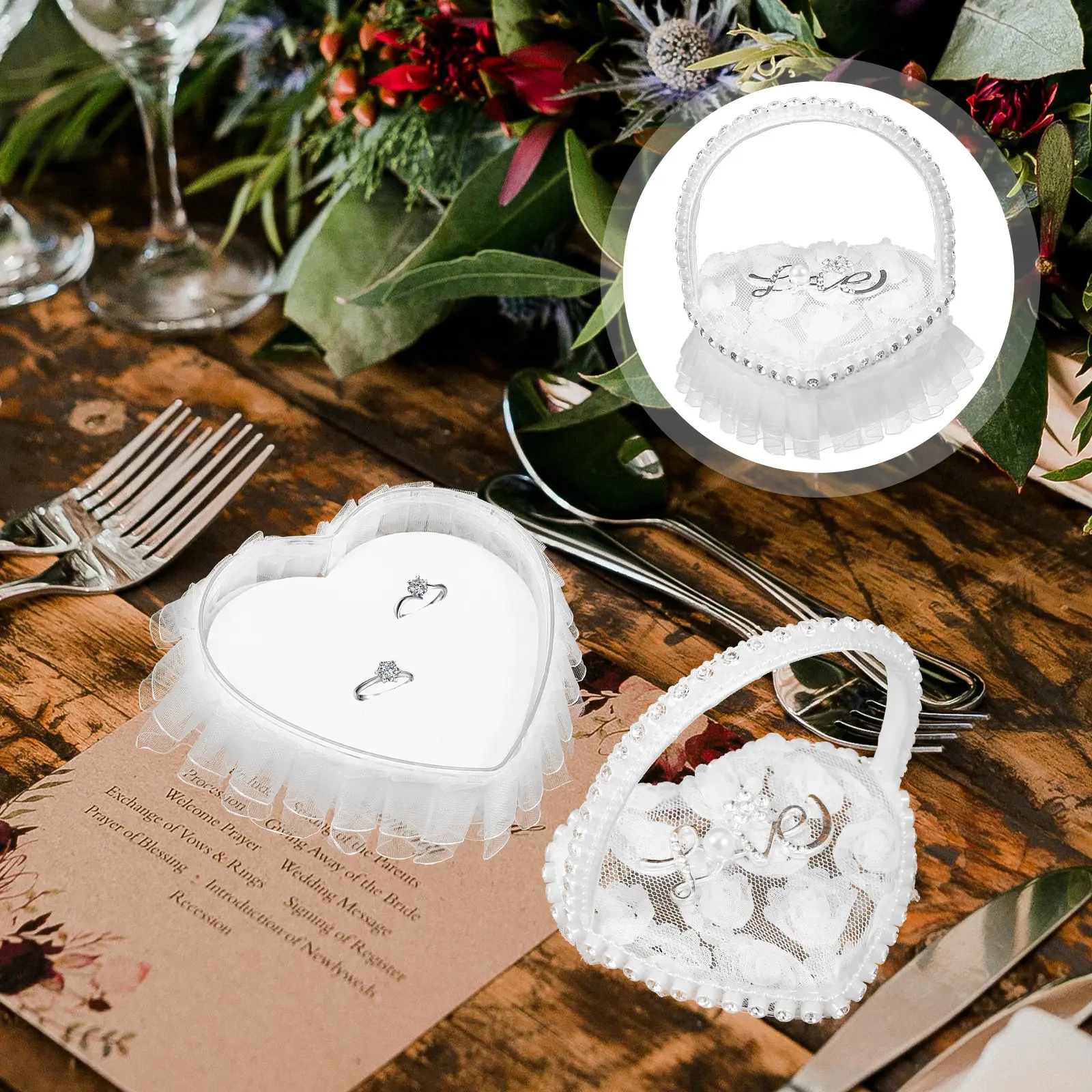 Mini Lace Ring Box Satin Wedding Ring Pillows With Handle Heart Shape Ceremony Bridal Party Supplies Festive Decorations