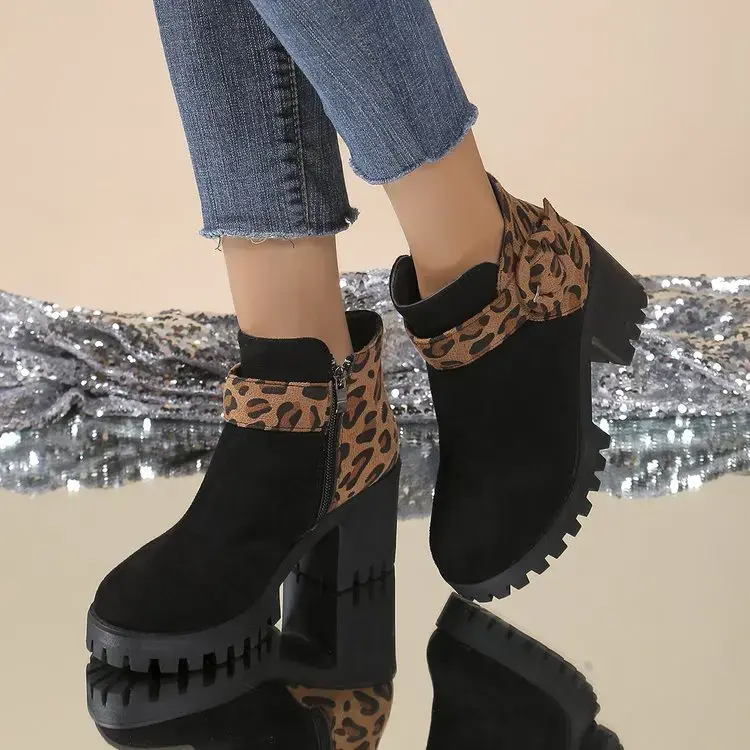 Women Leopard Print 2024 Autumn/winter Thick Soled Fashion Boot Comfort Non Slip 43 Size Side Zipper Belt Buckle Ankle Boots
