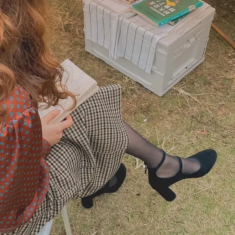 Women's High Heels Ankle Lace-up Faux Suede Shoes Double Buckle Mary Janes Shoes Dress Shoes Black Sexy Pumps Spring Autumn