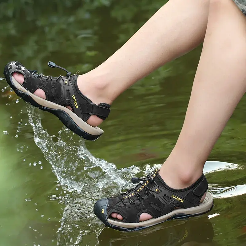 Outdoor Genuine Leather Men's Sandals High-quality Summer Non-slip Beach Shoes Sneakers Men Walking Mountaineering Travel Shoes