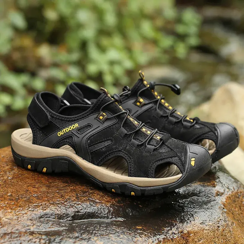 Outdoor Genuine Leather Men's Sandals High-quality Summer Non-slip Beach Shoes Sneakers Men Walking Mountaineering Travel Shoes