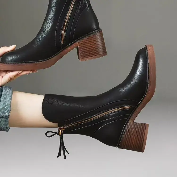 Woman Mid Calf Boots Women Zipper Chunky Heels Female Footwear Ladies Leather Short Boots Fashion Women's Shoes Botas De Mujer