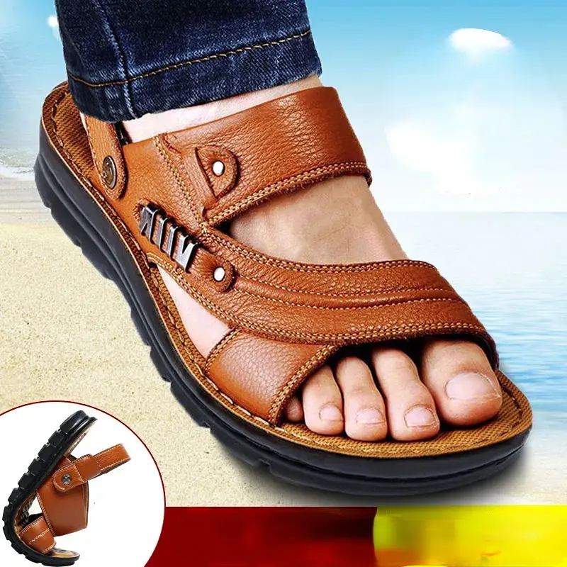 Sandals Men's Beach Shoes  Cow Quality Genuine Leather Non-slip Men's Slippers Breathable Two Uses Men's sandals Men's Shoes