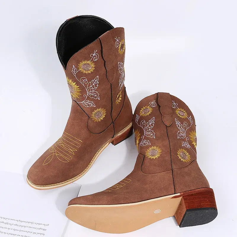 2022 Autumn New Women Shoes Fashion Embroidery Flower Pointed Toe Mid Calf Boots Chunky Heels Western Cowboy Boots Botas Mujer