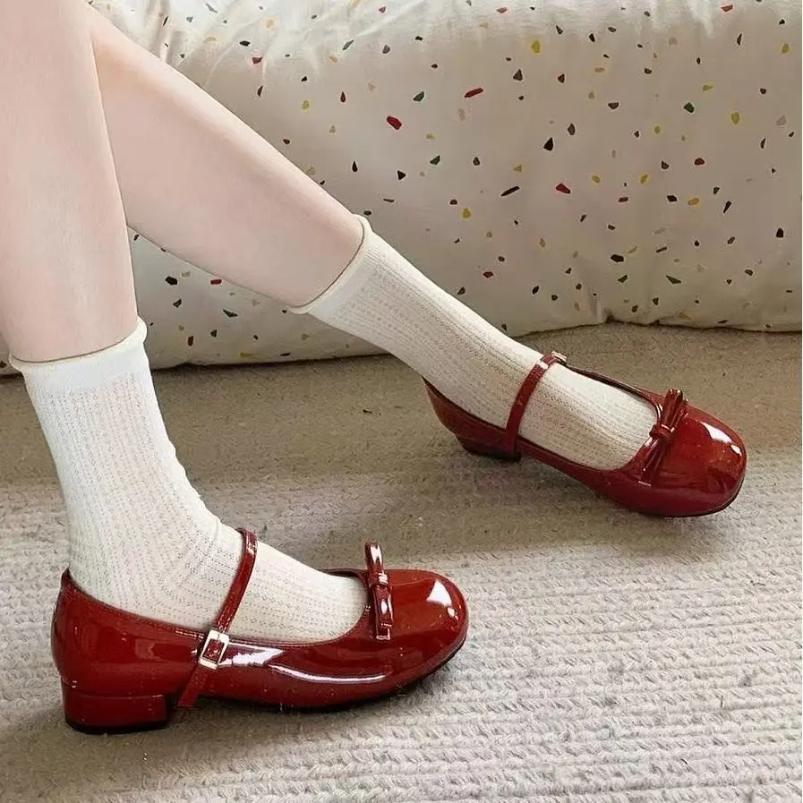 Spring Wine Red Women Mary Jane Shoes Shallow Ladies Casual Butterfly-knot Shoes Eelgant Dress Leather Shoes 2025