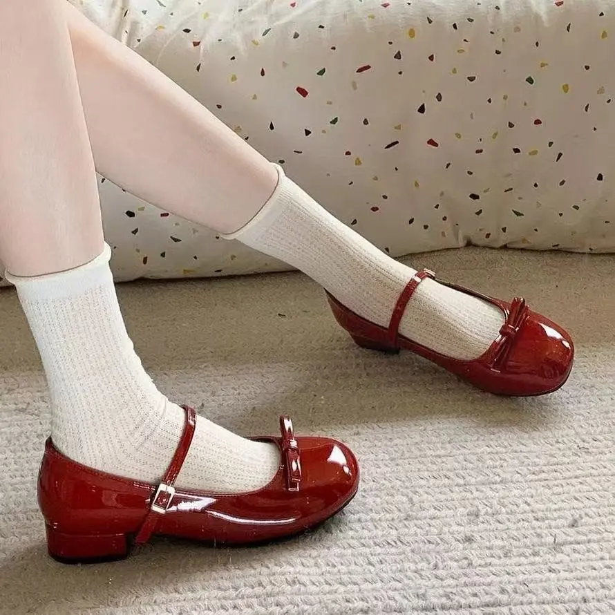 Spring Wine Red Women Mary Jane Shoes Shallow Ladies Casual Butterfly-knot Shoes Eelgant Dress Leather Shoes 2025