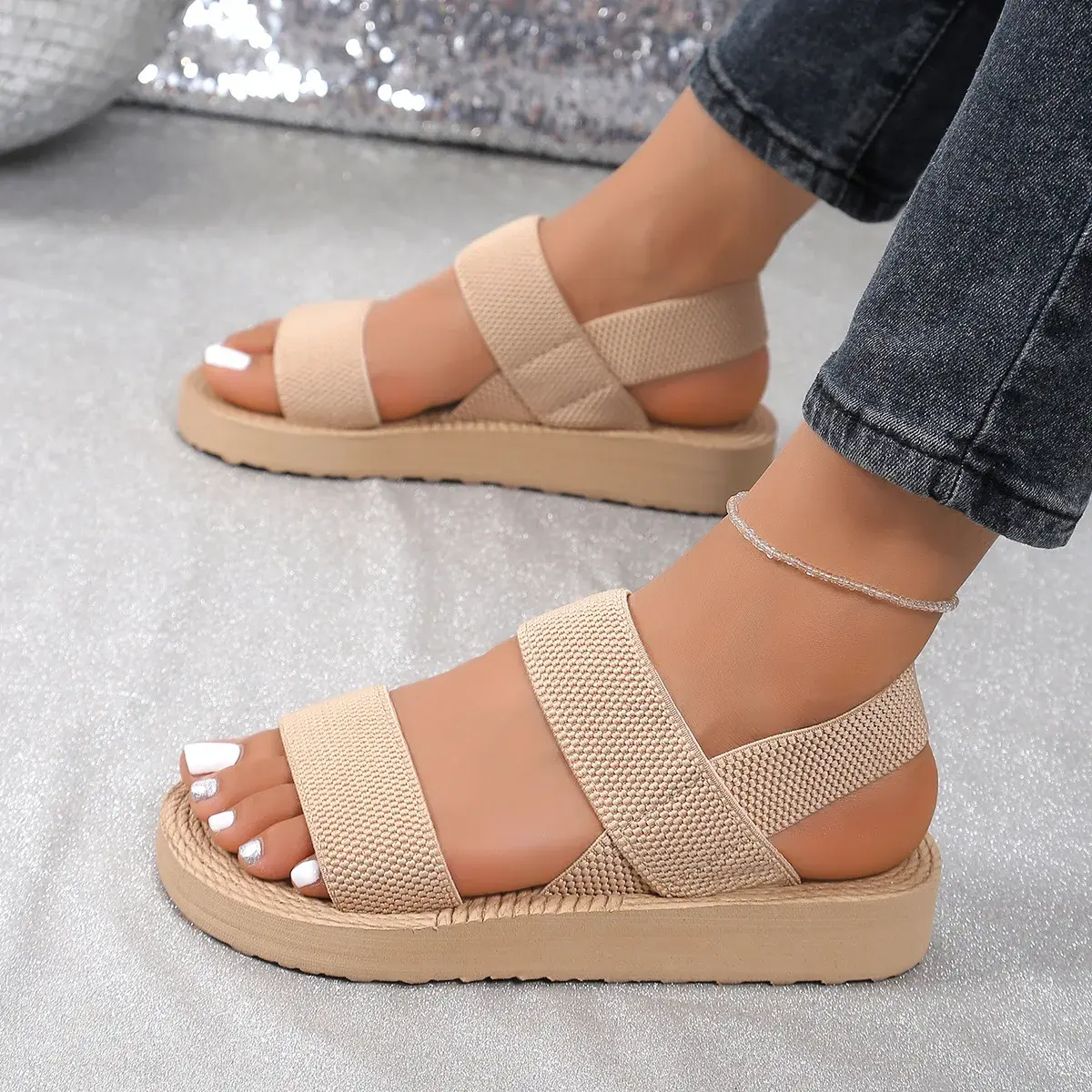 Women's Minimalist Wedge Sandals Open Toe Thick Soled Platform Casual Sandals Ankle Strap Slingback Sandalias Solid Color 2025