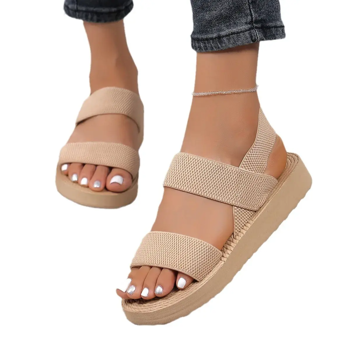 Women's Minimalist Wedge Sandals Open Toe Thick Soled Platform Casual Sandals Ankle Strap Slingback Sandalias Solid Color 2025