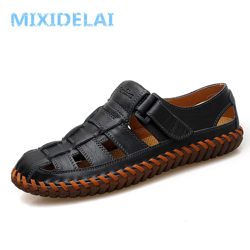 MIXIDELAI Summer Men Sandals 2025 Leisure Beach Men Shoes High Quality Split Leather Sandals The Men's Sandals Big Size 39-47