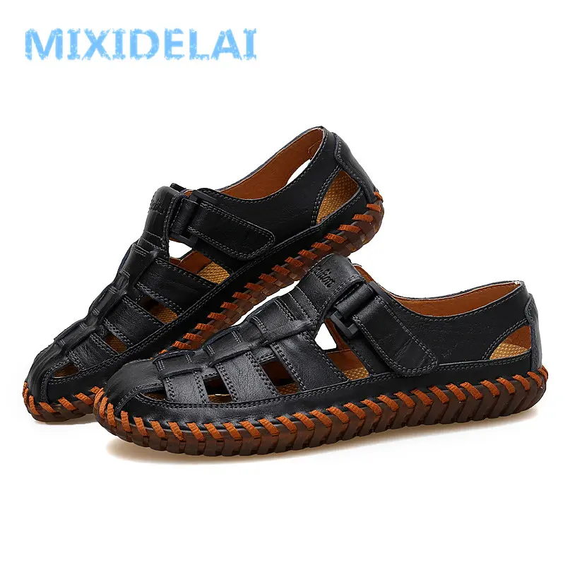MIXIDELAI Summer Men Sandals 2025 Leisure Beach Men Shoes High Quality Split Leather Sandals The Men's Sandals Big Size 39-47
