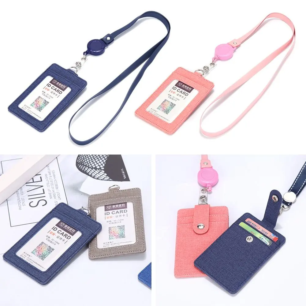 Leather Bus Pass Case Cover Retractable Lanyards ID Badge Holder Men Women's Bank Credit Card Holder Strap