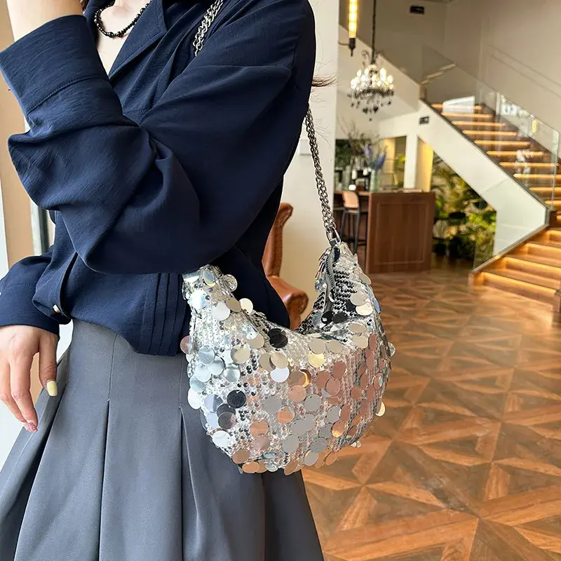 Half Moon Design Women's Shoulder Bags Fashion Sequin Hobos Ladies Evening Bag Handbags Chain Crossbody Female Clutch Purse