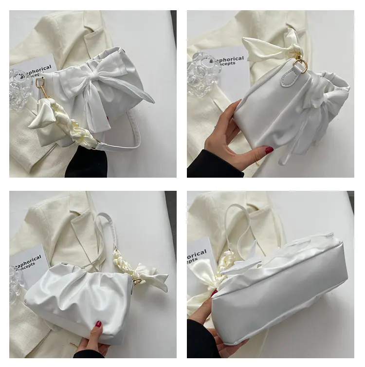 Lovely Bow Handbags for Girls Ladies Fashion Pleated Shoulder Bags for Women Simple Design Female Underarm Bag Casual Tote Purse