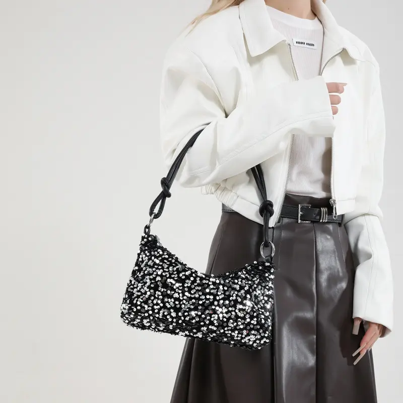 Simple Sequined Design Women's Shoulder Bag Casual Ladies Half Moon Underarm Bags Vintage Solid Color Famale Handbags Purse