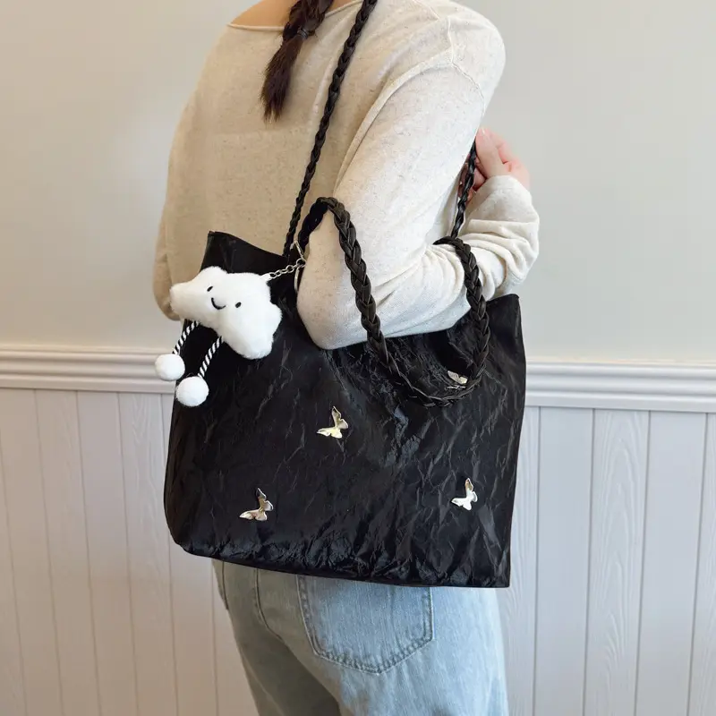 Casual Solid Color Women Shoulder Bags Large Capacity Butterfly Ladies Commuter Tote Bag Sweet Female Soft Pu Leather Handbags