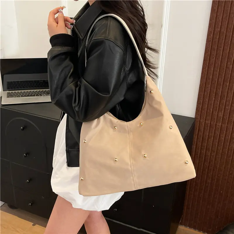 Simple Thread Design Women Faux Suede Shoulder Bags Rivet Large Capacity Ladies Handbags Commuter Female Underarm Tote Bag