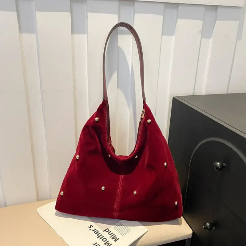 Simple Thread Design Women Faux Suede Shoulder Bags Rivet Large Capacity Ladies Handbags Commuter Female Underarm Tote Bag