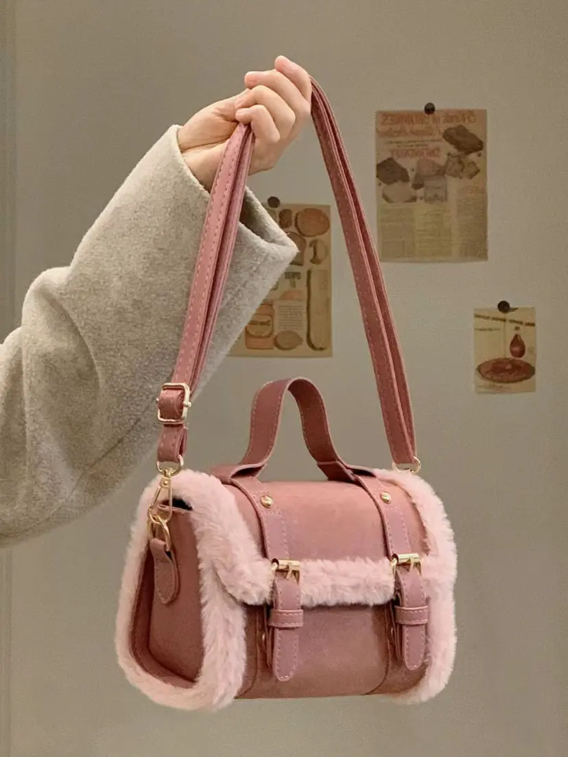 Faux Fur Soft Plush Crossbody Bags for Women Retro Pink Ladies Purses and Handbags Winter Fashion Female Simple Shoulder Bags