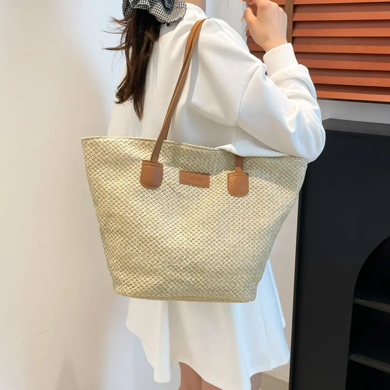 Portable Women's Beach Straw Bag Leisure Commuter Ladies Travel Shoulder Bags Solid Color Simple Female Large Capacity Handbag